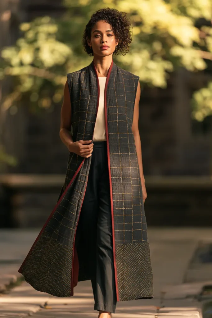 Longline Sashiko Duster Vest for Graceful Statement Layers