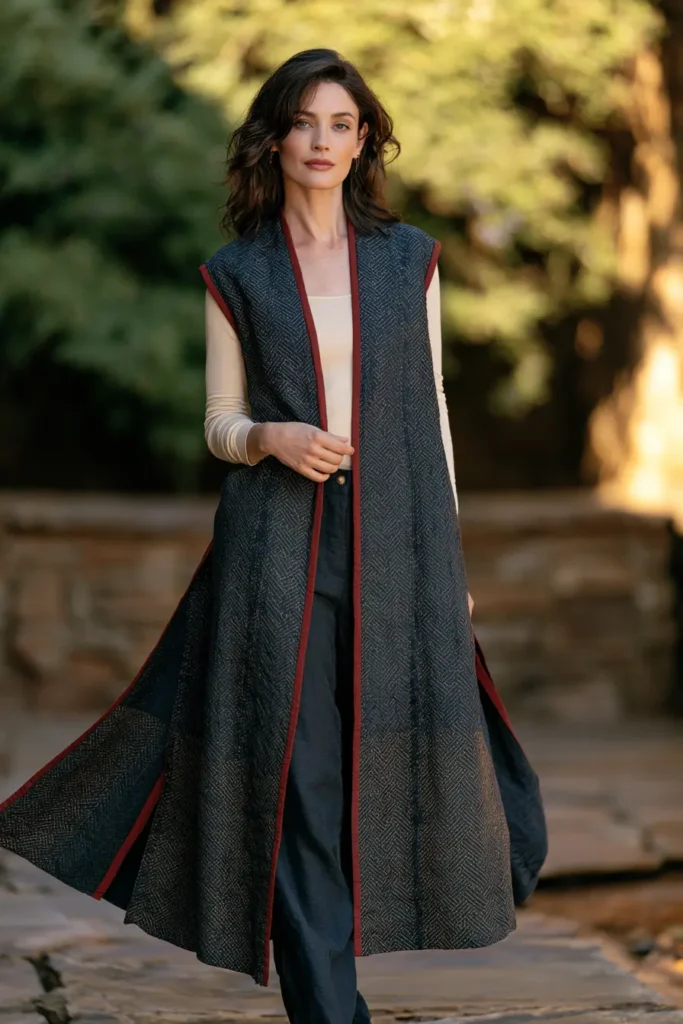 Longline Sashiko Duster Vest for Graceful Statement Layers