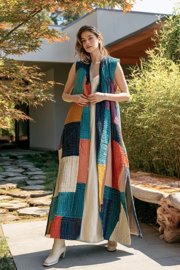 Longline Sashiko Duster Vest for Graceful Statement Layers