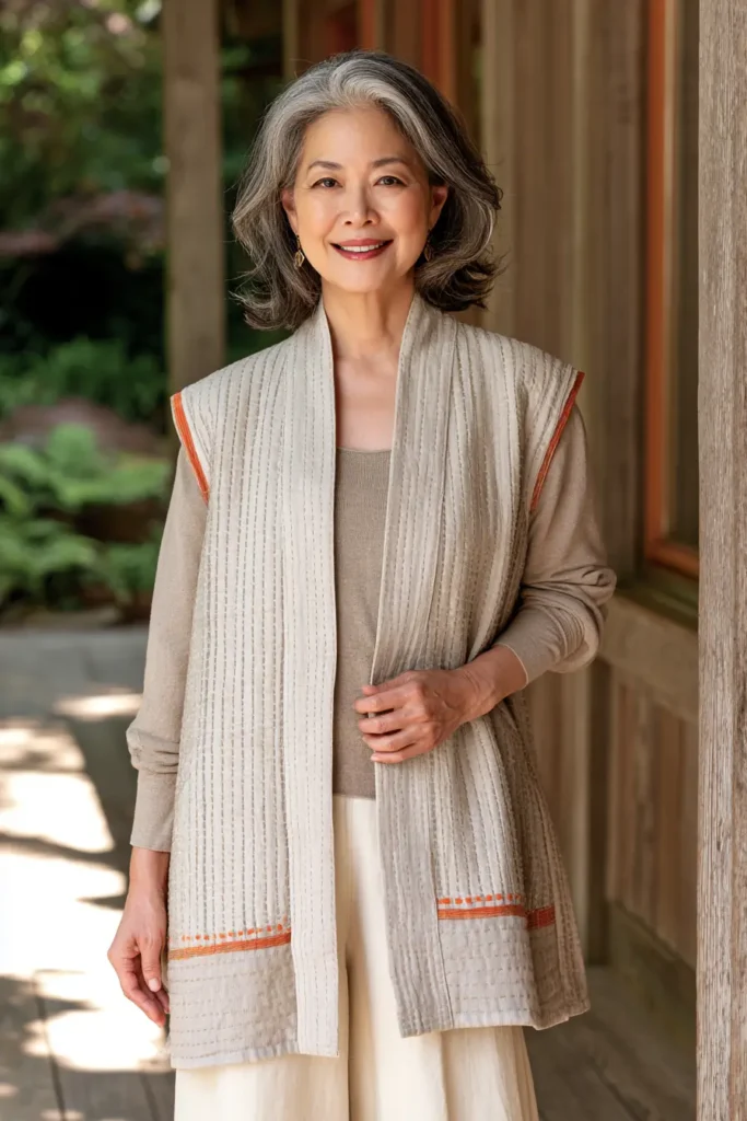 Minimalist Neutral Sashiko Vest for Understated Elegance