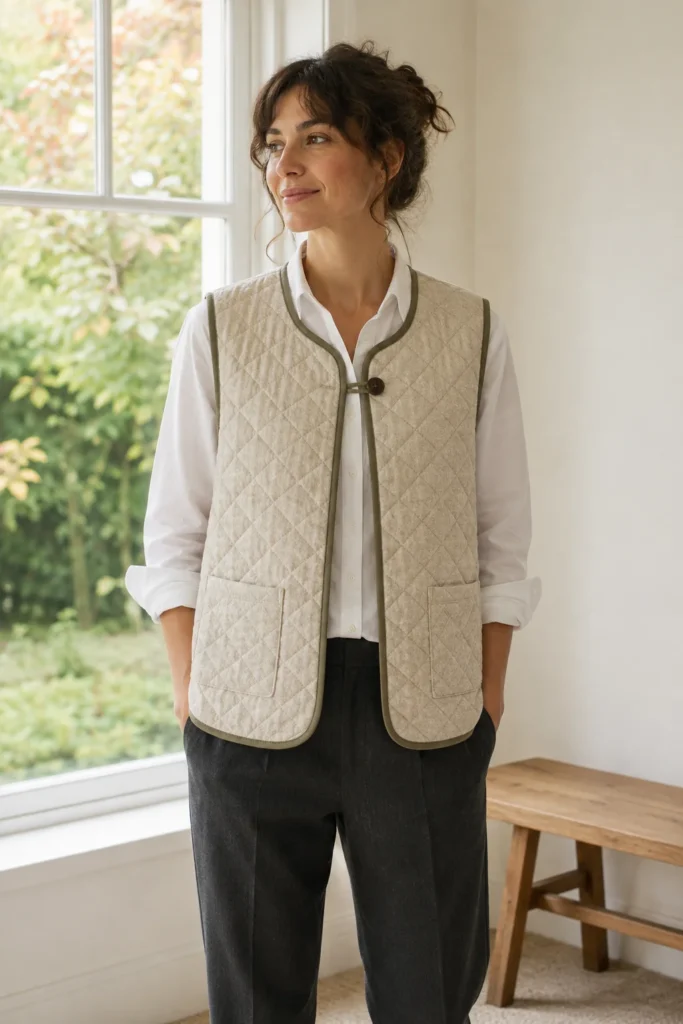 Neutral Oatmeal Quilted Vest for Understated Autumn Elegance