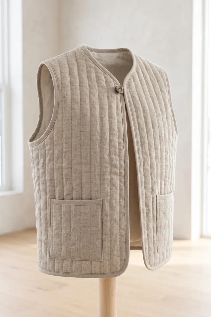 Neutral Oatmeal Quilted Vest for Understated Autumn Elegance
