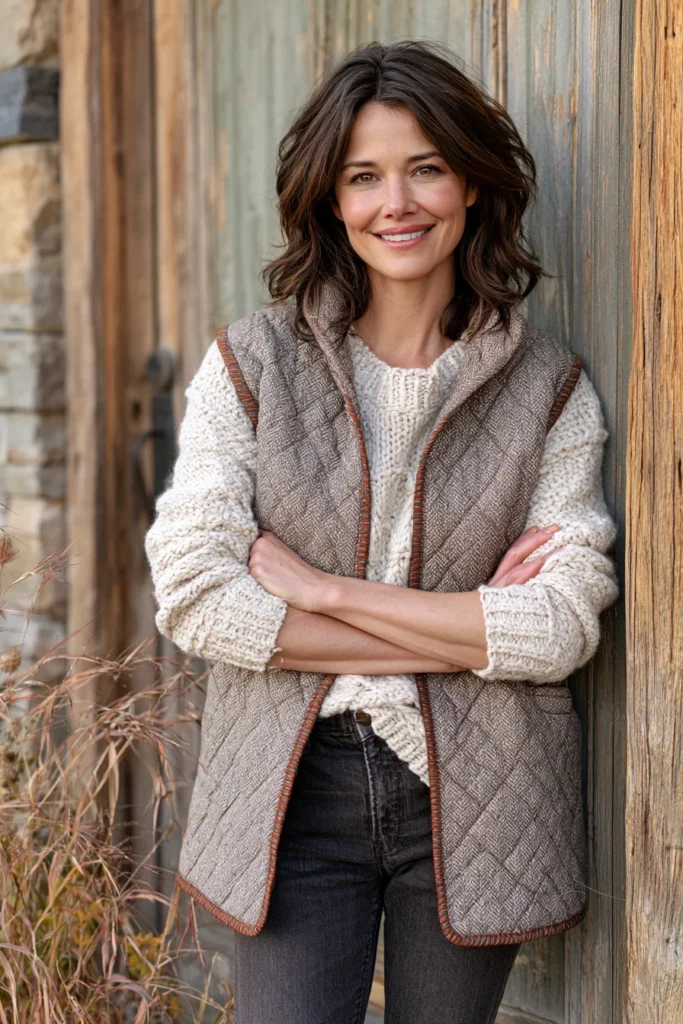 Neutral Oatmeal Quilted Vest for Understated Autumn Elegance