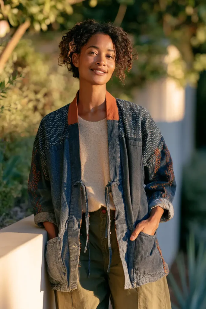 Noragi-Style Sashiko Jacket for Relaxed Japanese-Inspired Comfort