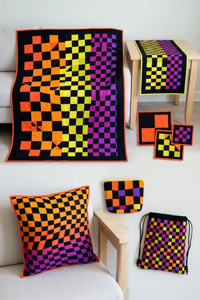 Orange and Black Checkerboard Quilt Layouts