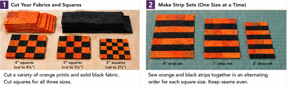 Orange and Black Checkerboard Quilt Layouts