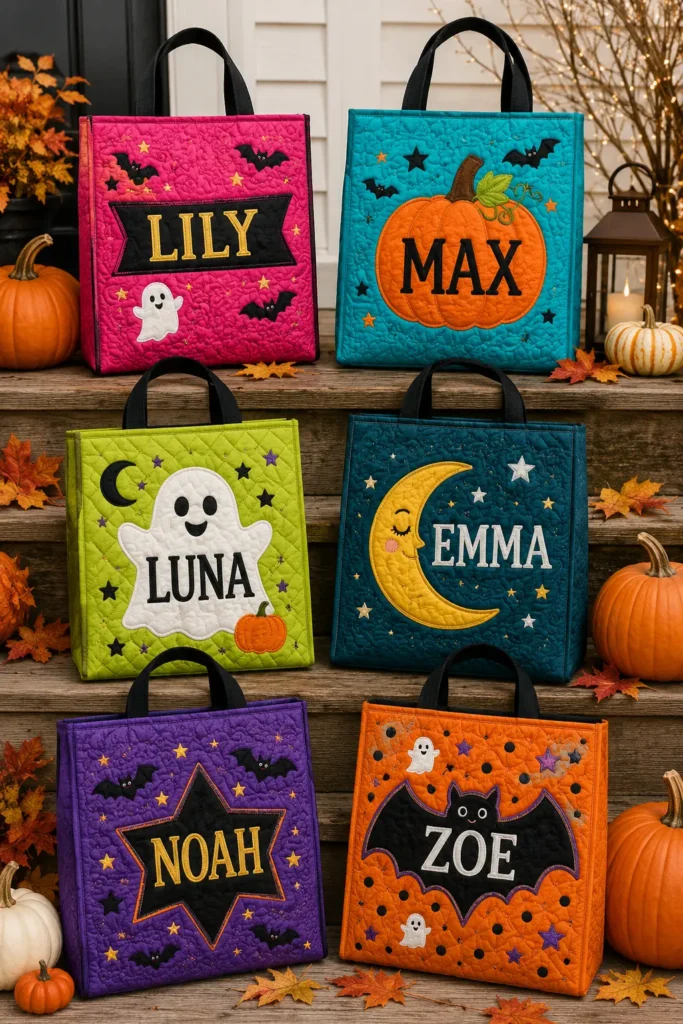 Personalized Quilted Halloween Bags with Kids’ Names