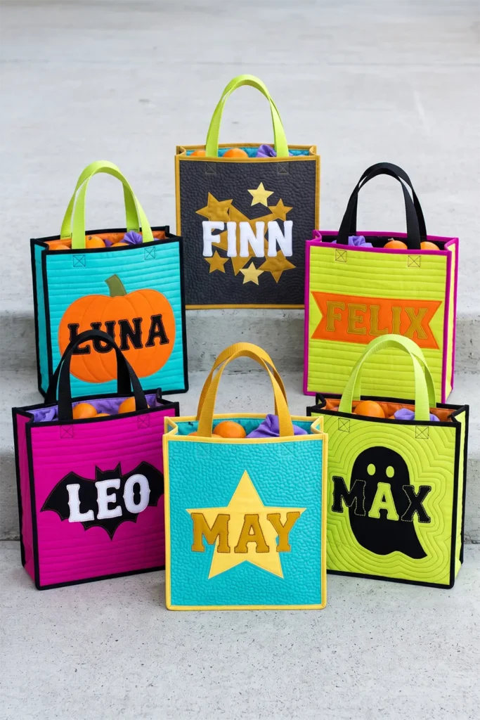 Personalized Quilted Halloween Bags with Kids’ Names
