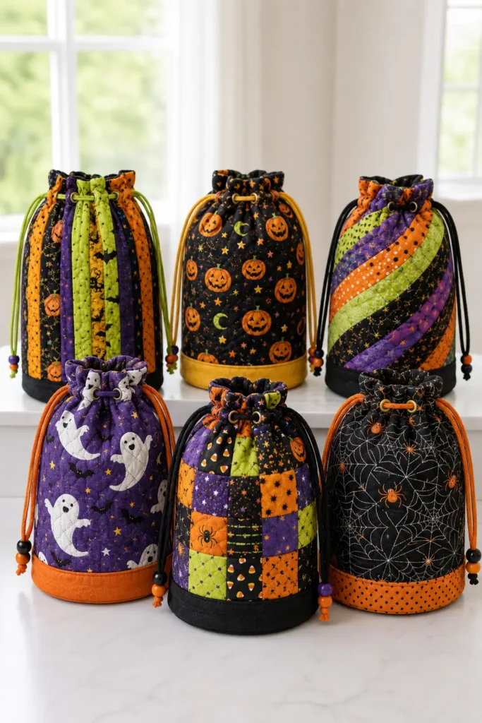Quilted Drawstring Bucket Sacks for Halloween Candy