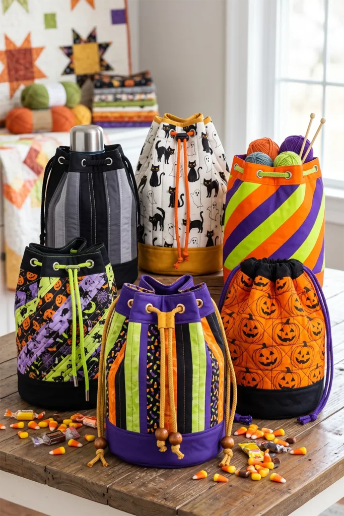 Quilted Drawstring Bucket Sacks for Halloween Candy
