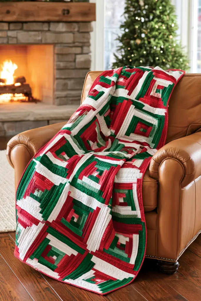 Red and Green Log Cabin Jelly Roll Quilt for Timeless Holiday Style