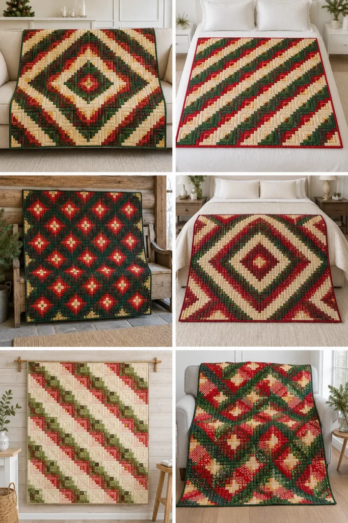Red and Green Log Cabin Jelly Roll Quilt for Timeless Holiday Style