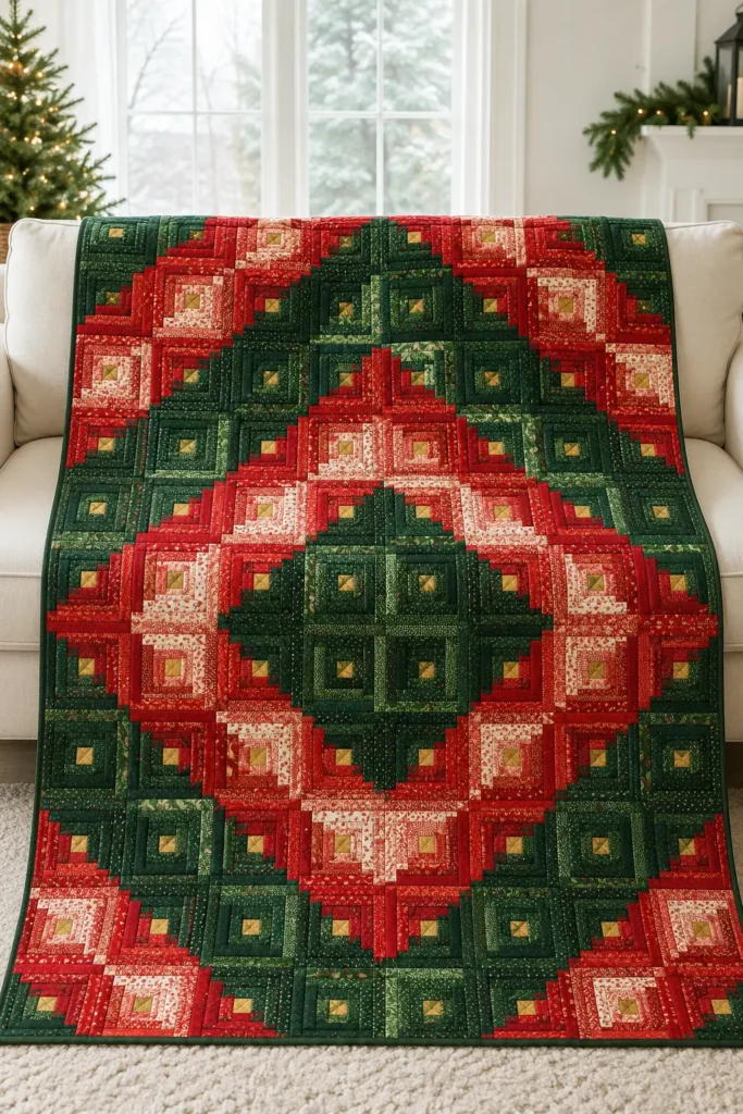 Red and Green Log Cabin Jelly Roll Quilt for Timeless Holiday Style