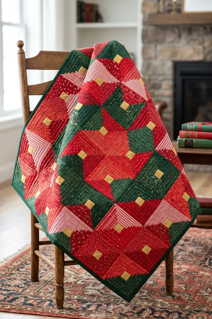 Red and Green Log Cabin Jelly Roll Quilt for Timeless Holiday Style