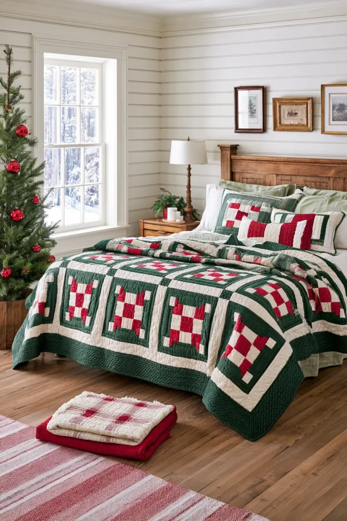Red and Green Log Cabin Jelly Roll Quilt for Timeless Holiday Style