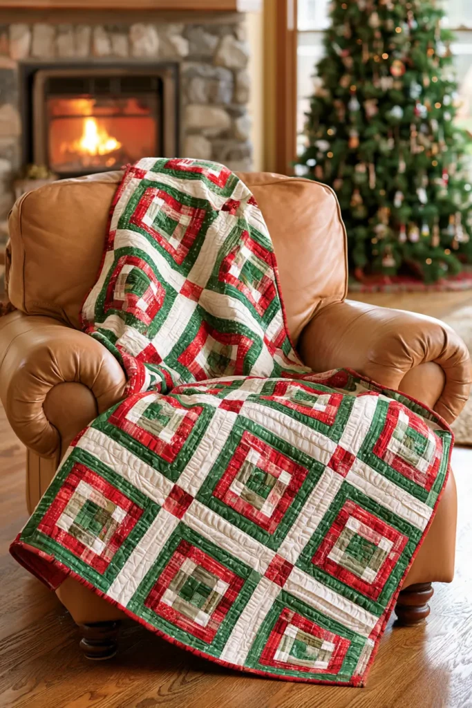 Red and Green Log Cabin Jelly Roll Quilt for Timeless Holiday Style