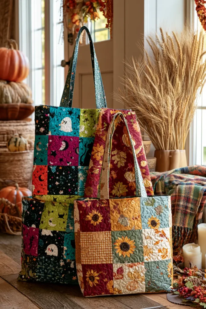 Reversible Quilted Halloween and Fall Harvest Totes