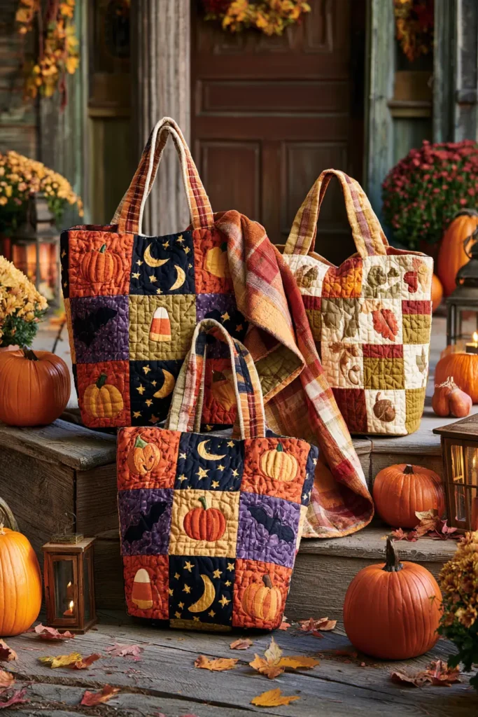Reversible Quilted Halloween and Fall Harvest Totes