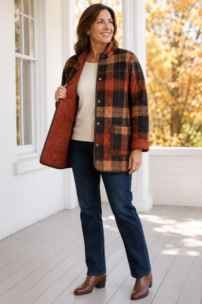Reversible Quilted Jacket in Plaid and Solid for Versatile Fall Style