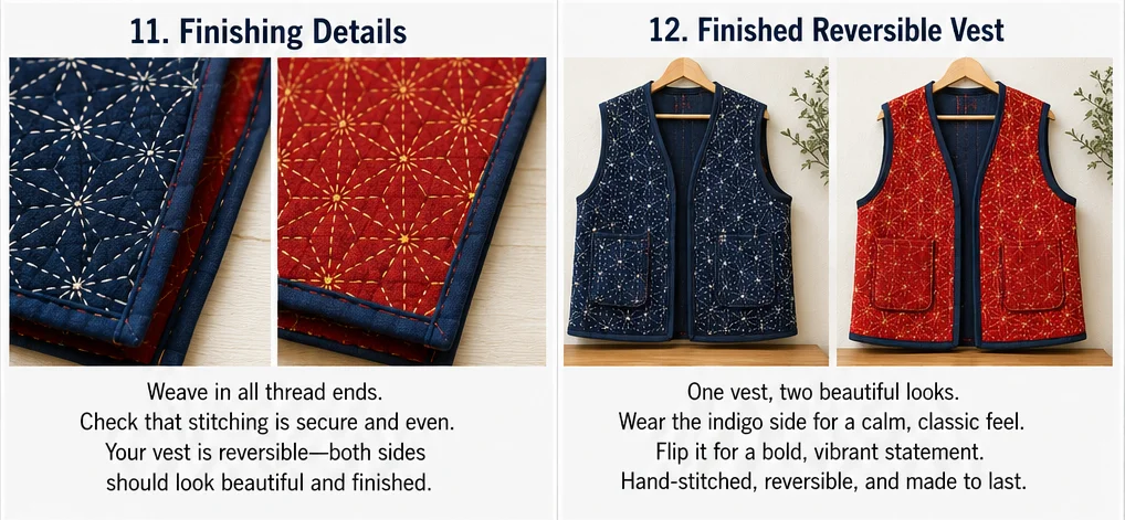 Reversible Sashiko Quilted Vest for Versatile Everyday Wear