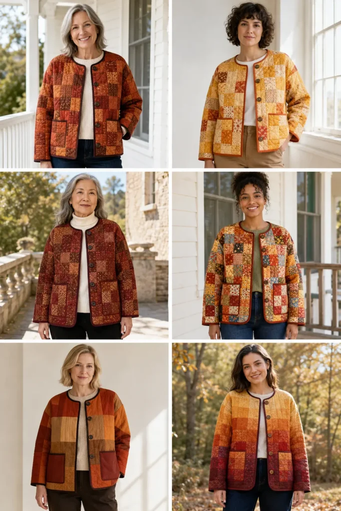 Rust and Amber Patchwork Quilted Jacket for Warm Fall Style