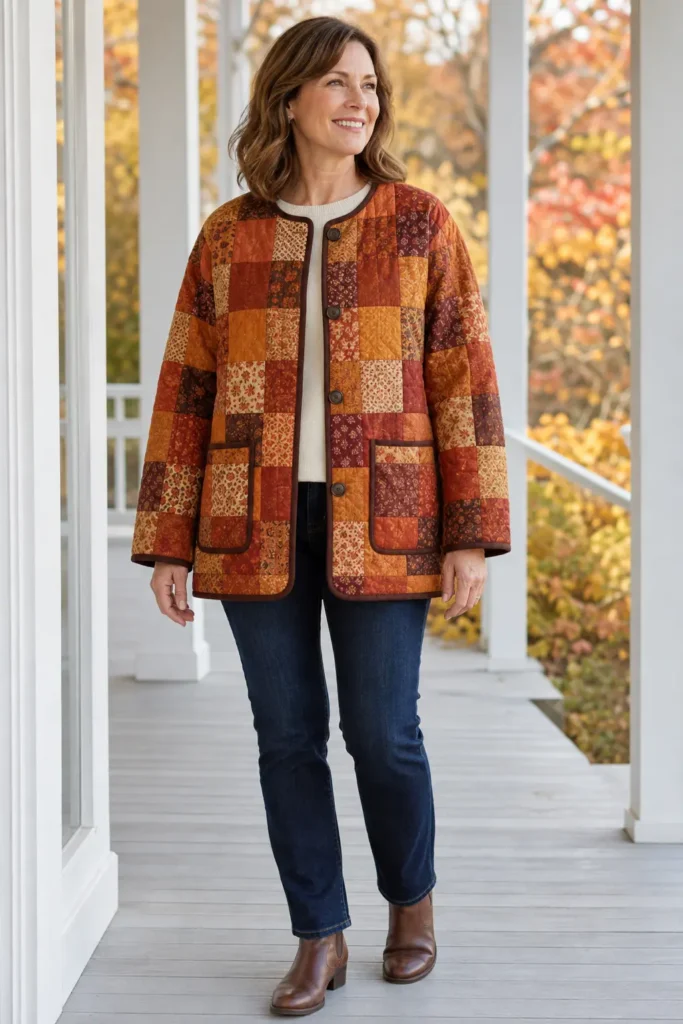 Rust and Amber Patchwork Quilted Jacket for Warm Fall Style
