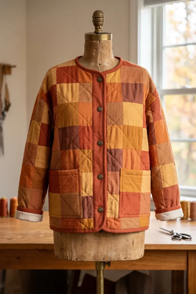 Rust and Amber Patchwork Quilted Jacket for Warm Fall Style