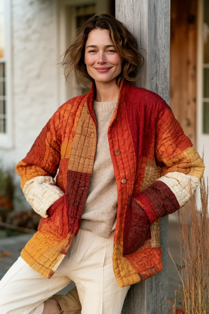 Rust and Amber Patchwork Quilted Jacket for Warm Fall Style