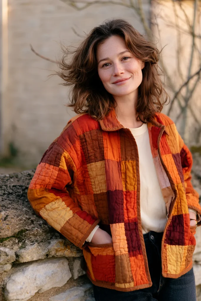 Rust and Amber Patchwork Quilted Jacket for Warm Fall Style