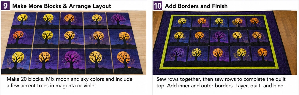 Spooky Tree and Full Moon Silhouette Quilt Blocks