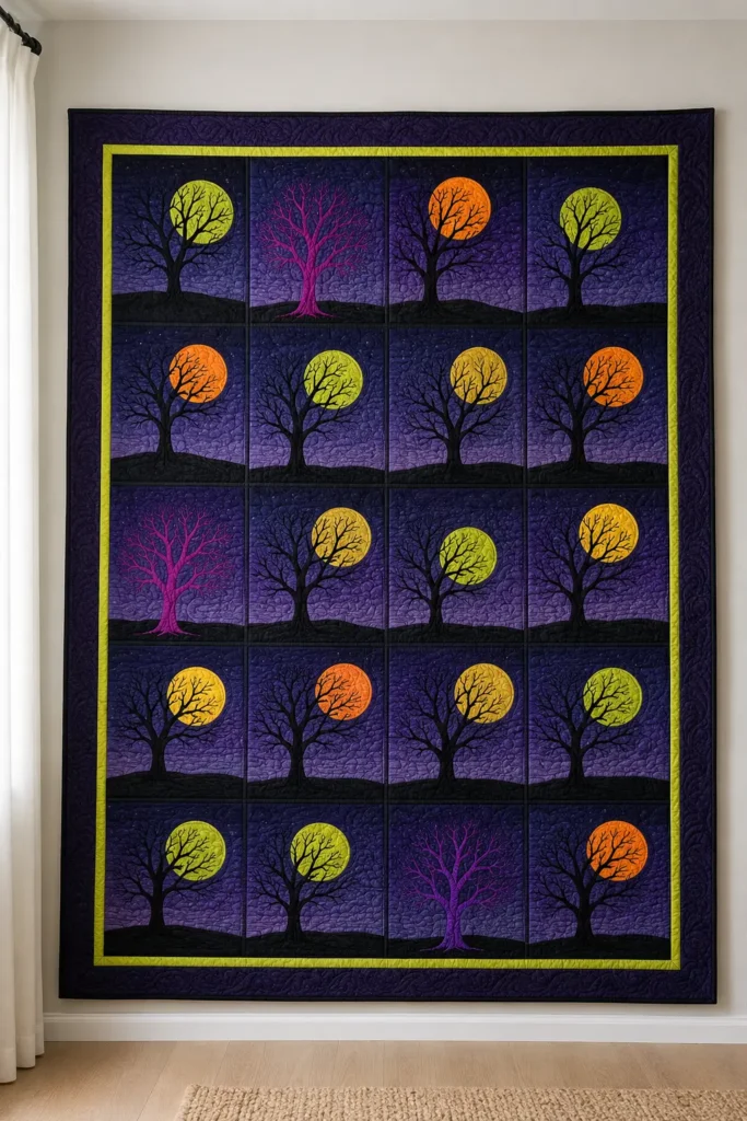 Spooky Tree and Full Moon Silhouette Quilt Blocks