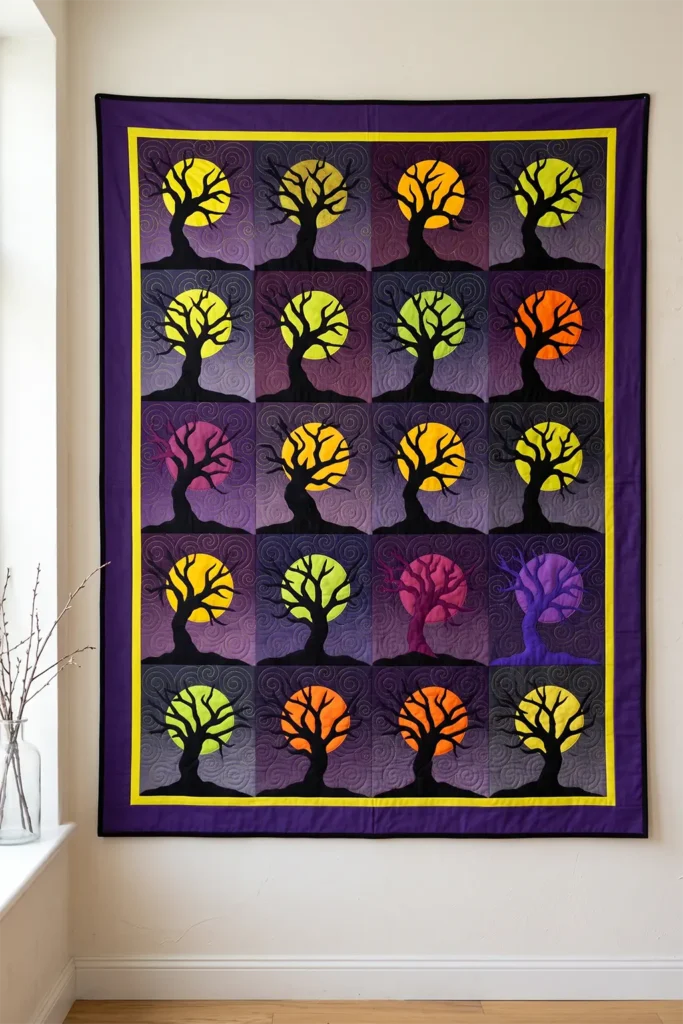Spooky Tree and Full Moon Silhouette Quilt Blocks