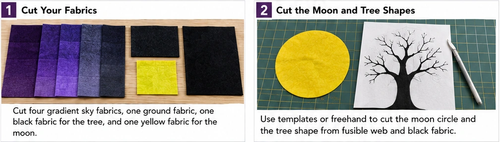 Spooky Tree and Full Moon Silhouette Quilt Blocks