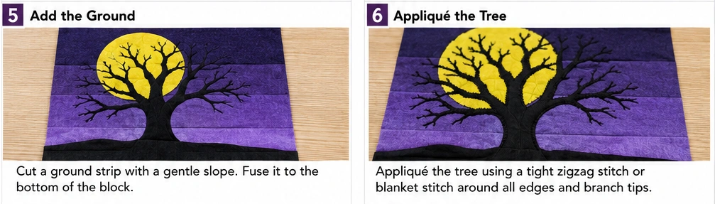 Spooky Tree and Full Moon Silhouette Quilt Blocks