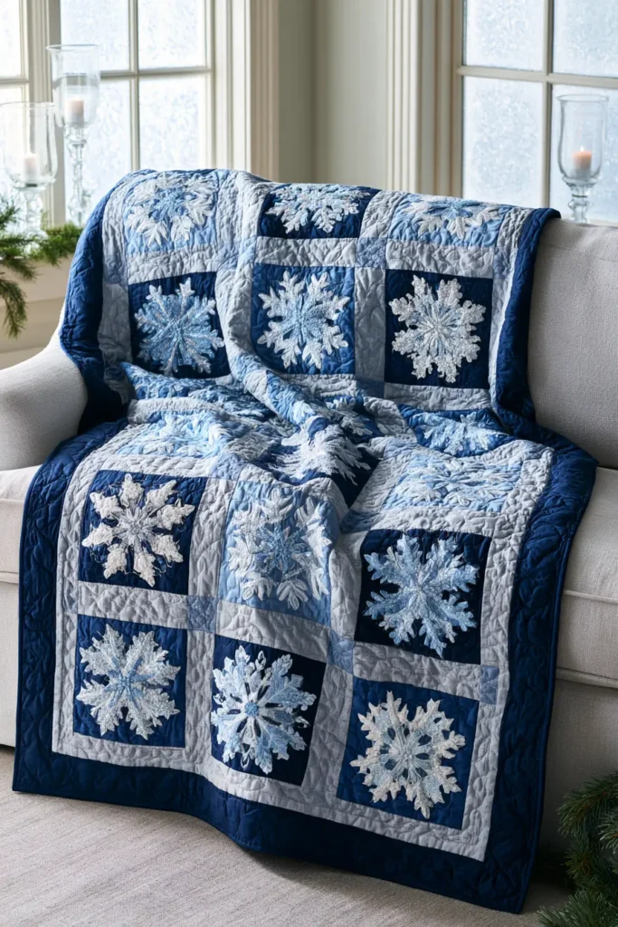 Blue and Silver Snowflake Quilted Christmas Throw