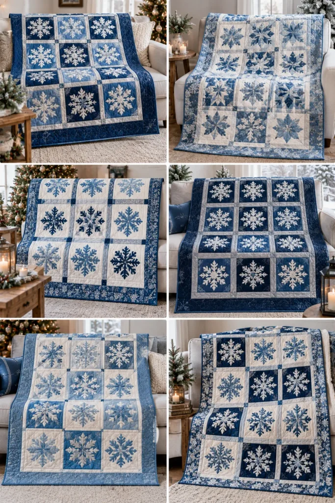 Blue and Silver Snowflake Quilted Christmas Throw
