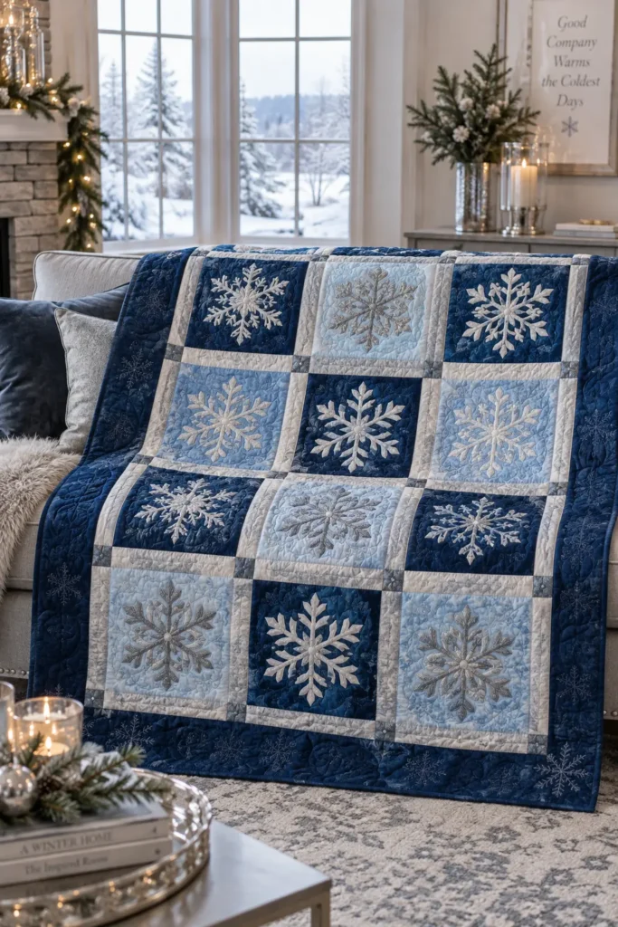 Blue and Silver Snowflake Quilted Christmas Throw