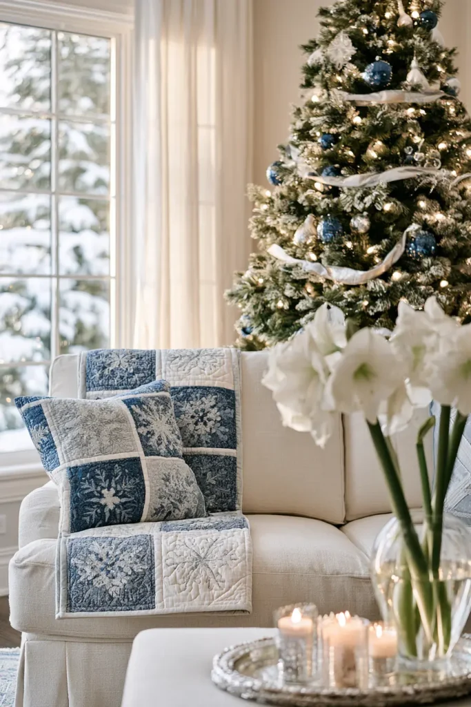 Blue and Silver Snowflake Quilted Christmas Throw