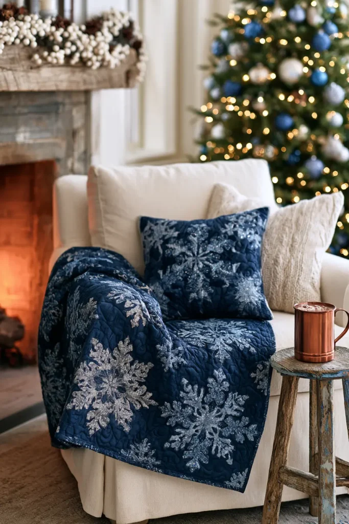 Blue and Silver Snowflake Quilted Christmas Throw