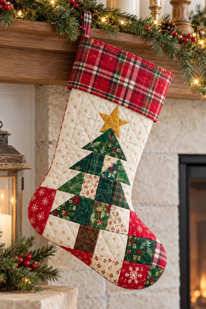 Christmas Tree Patchwork Quilted Stocking