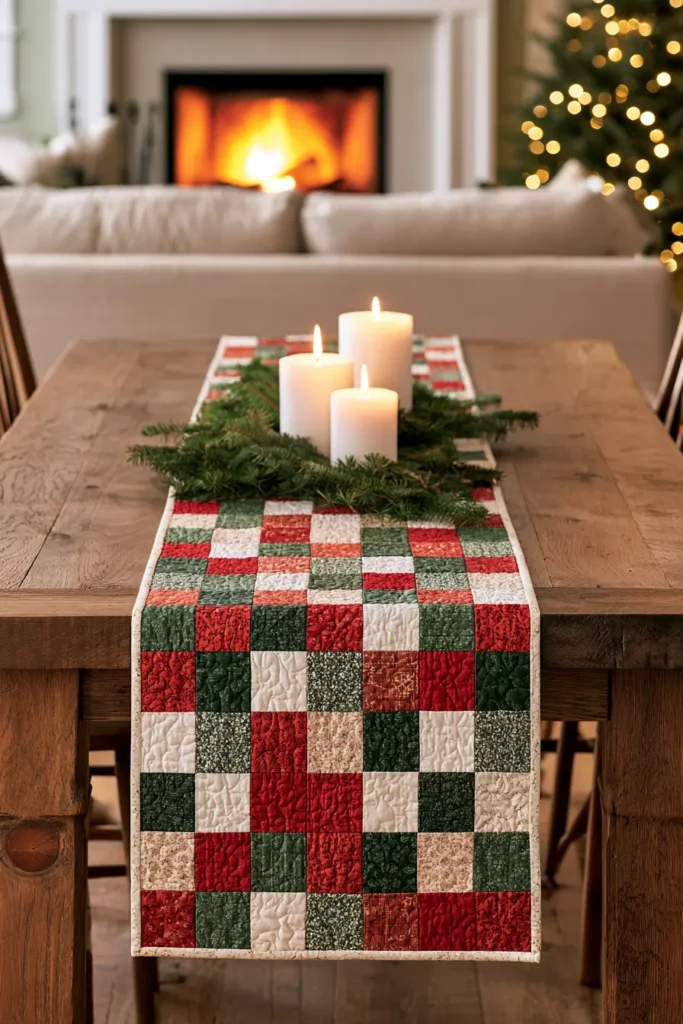 Classic Red and Green Patchwork Christmas Table Runner