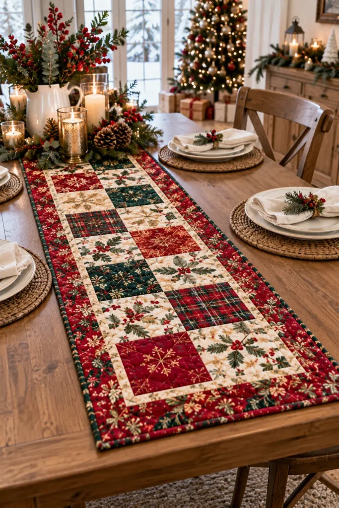 Classic Red and Green Patchwork Christmas Table Runner