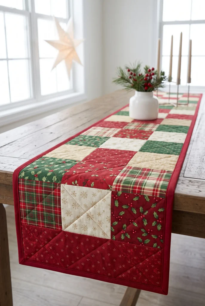 Classic Red and Green Patchwork Christmas Table Runner