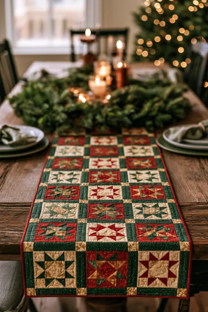 Classic Red and Green Patchwork Christmas Table Runner