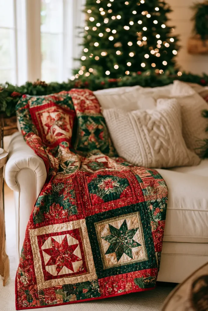 Classic Red and Green Patchwork Christmas Throw Quilt