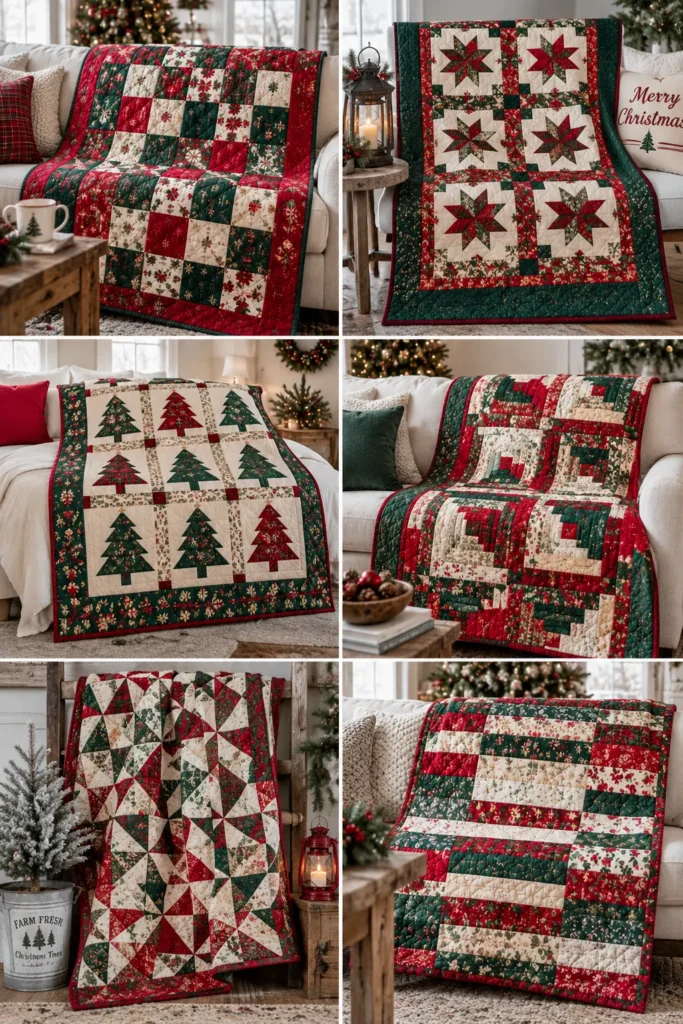 Classic Red and Green Patchwork Christmas Throw Quilt