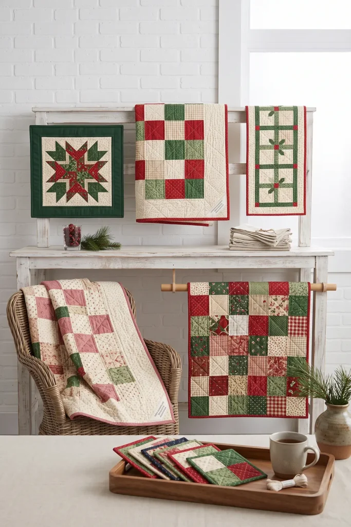 Classic Red and Green Patchwork Christmas Throw Quilt