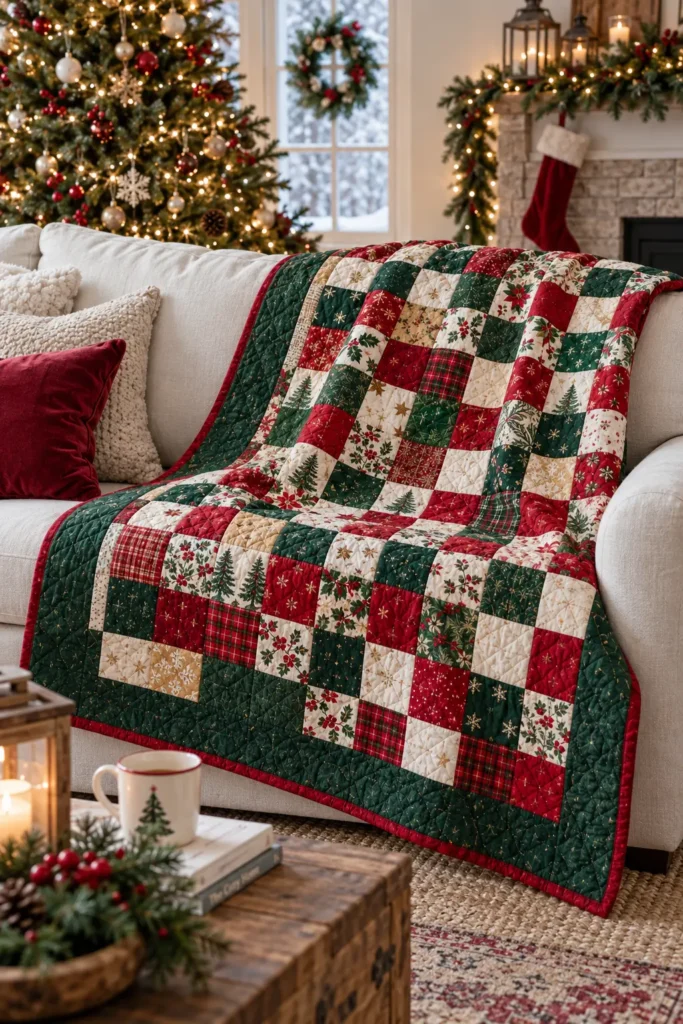 Classic Red and Green Patchwork Christmas Throw Quilt