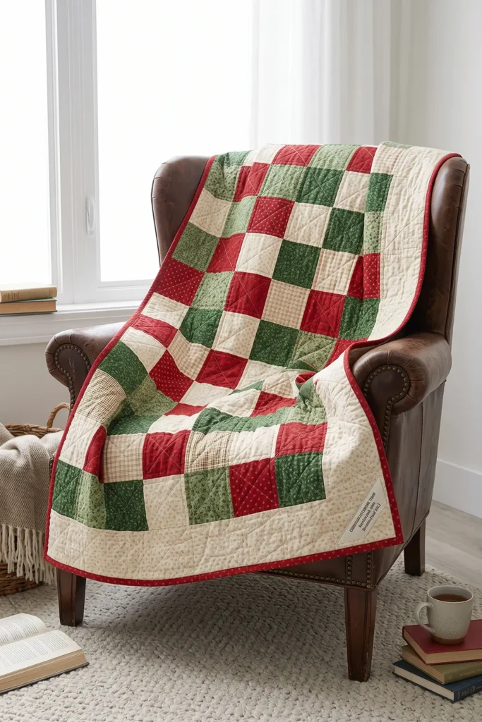 Classic Red and Green Patchwork Christmas Throw Quilt