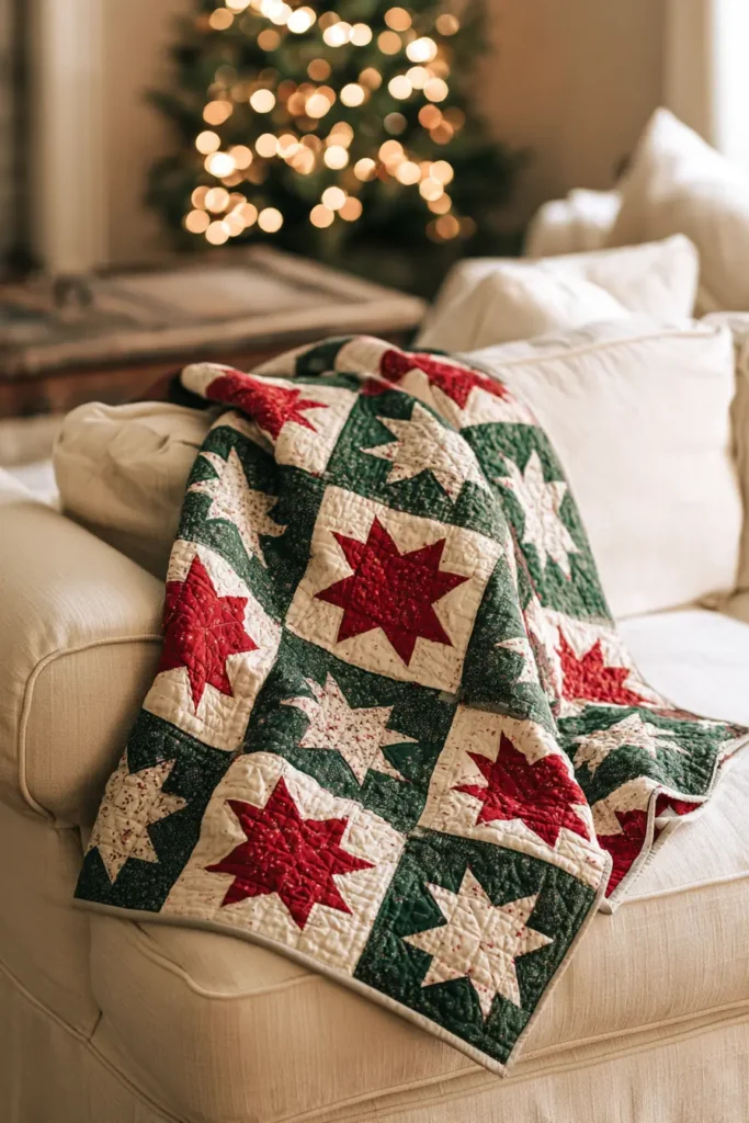 Classic Red and Green Patchwork Christmas Throw Quilt